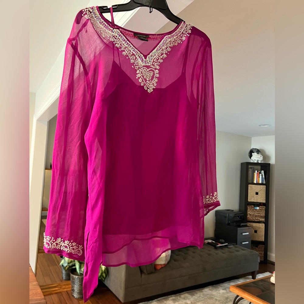Thin and sheer magenta beaded (Medium) top with camisole.